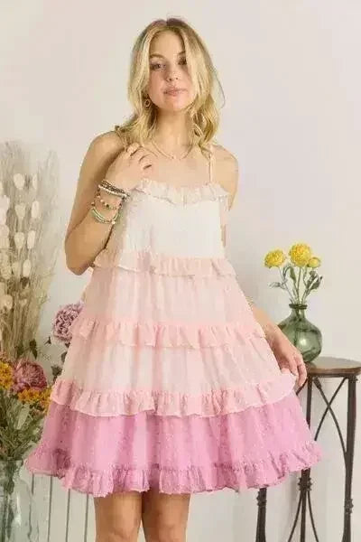 Swiss Dot Ruffled Tiered Lined Mini Dress | Femstylo