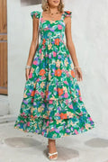 Green Boho Floral Print Ruffle Sleeveless Tiered Maxi Dress