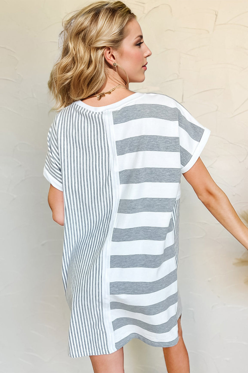 Gray Full Size Striped Round Neck Short Sleeve Mini Tee Dress Casual & Everyday Wear