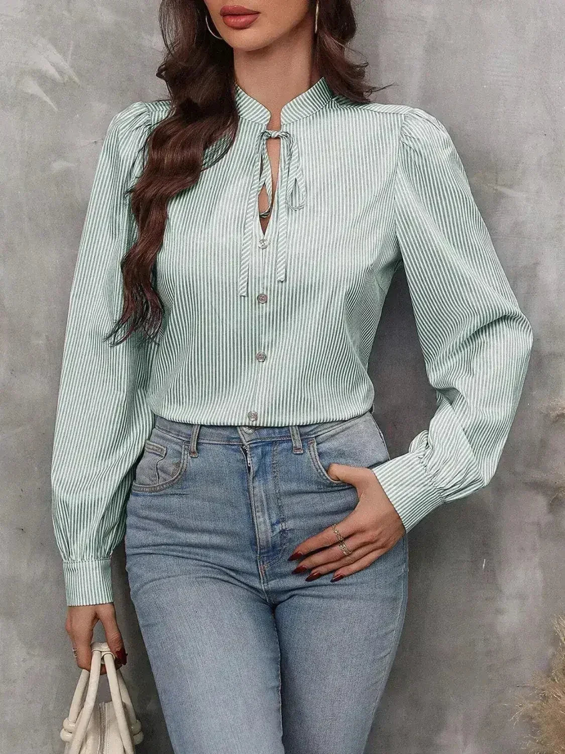 Striped Tie Neck Long Sleeve Blouse – Femstylo