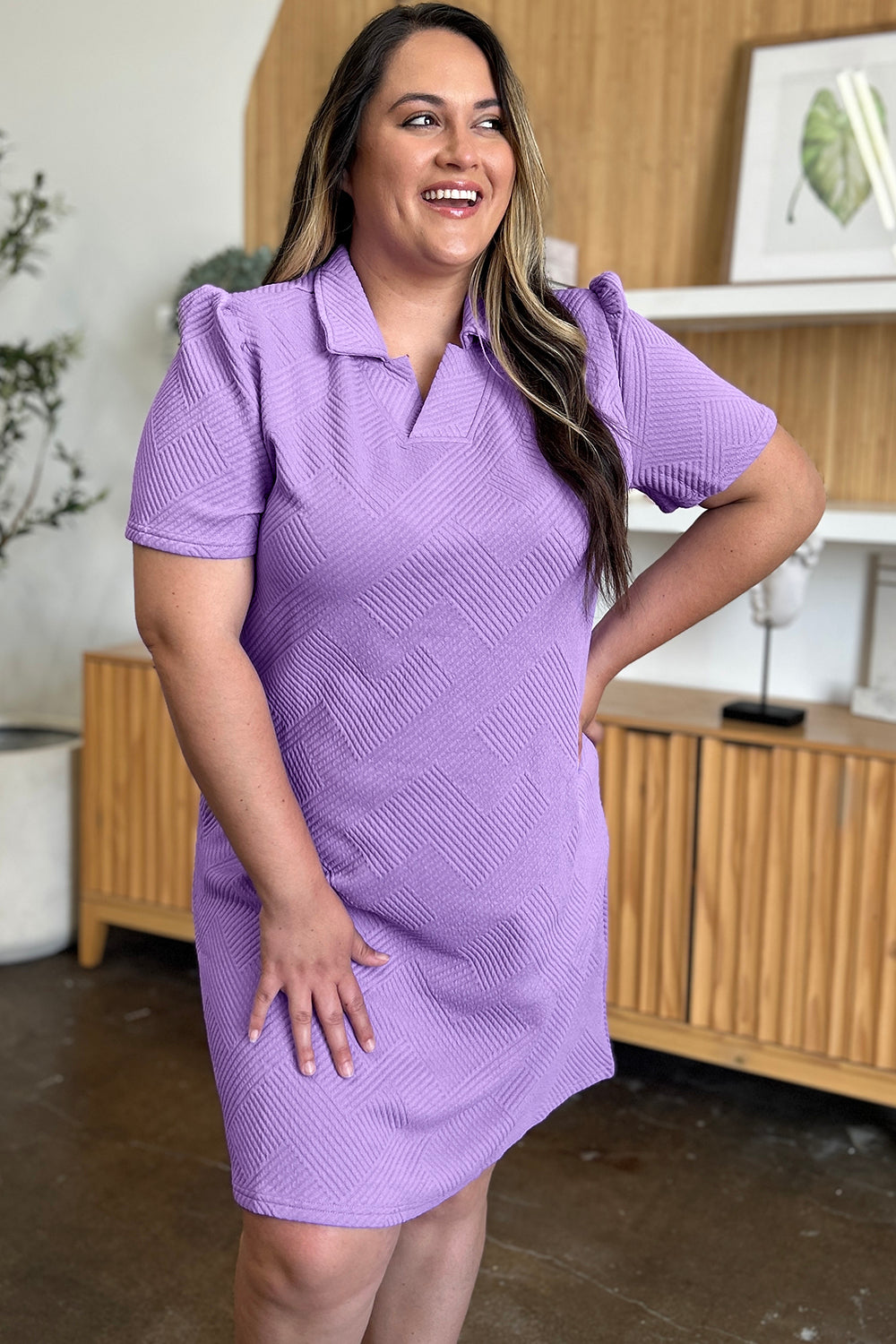 Double Take Full Size Texture Collared Neck Short Sleeve Dress Textured Dress For Women