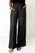 Black Side Pockets Frilled Smocked High Waist Wide Leg Jeans