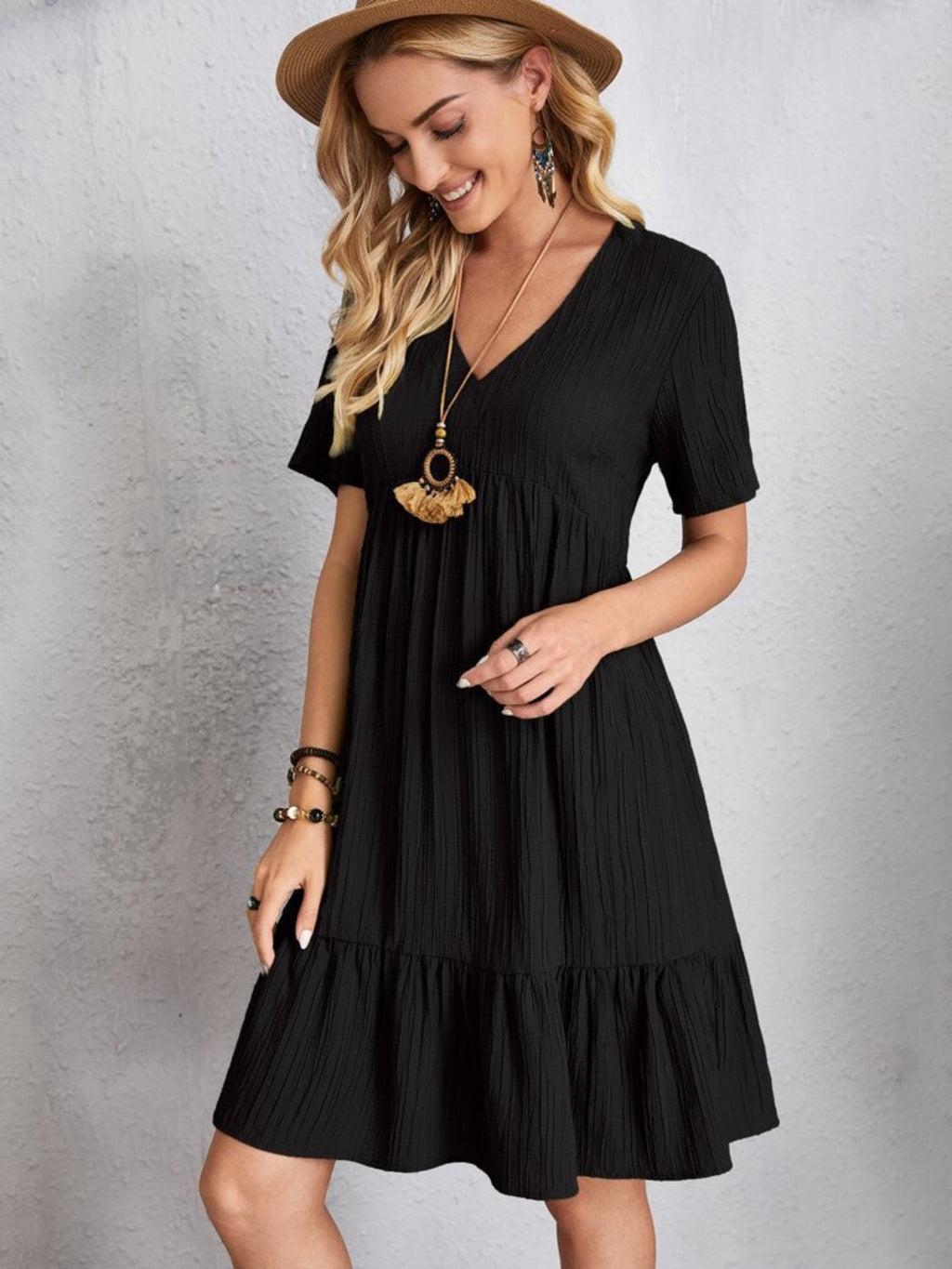 Classic Full Size V-Neck Short Sleeve Dress Casual & Comfortable Dress for Women