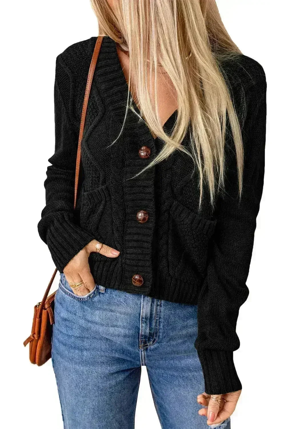 Textured Black Cardigan | Button-Front w/Pockets | Sizes S-3XL