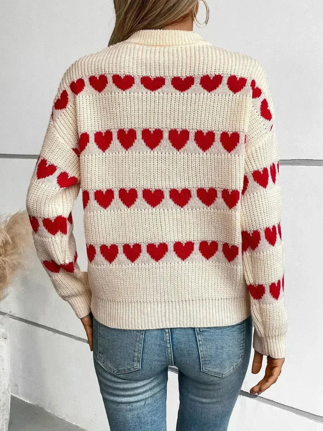 Heart Print Sweater - Oversized Round Neck Knit Top | Femstylo