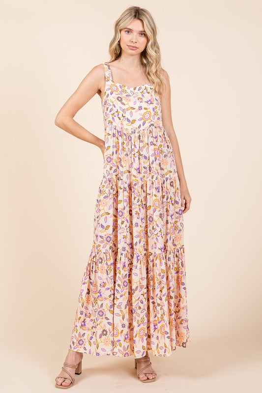New Summer Flower Print Tiered Sleeveless Empire Maxi Dress – Elegant and Flattering Floral Dress with Empire Waist