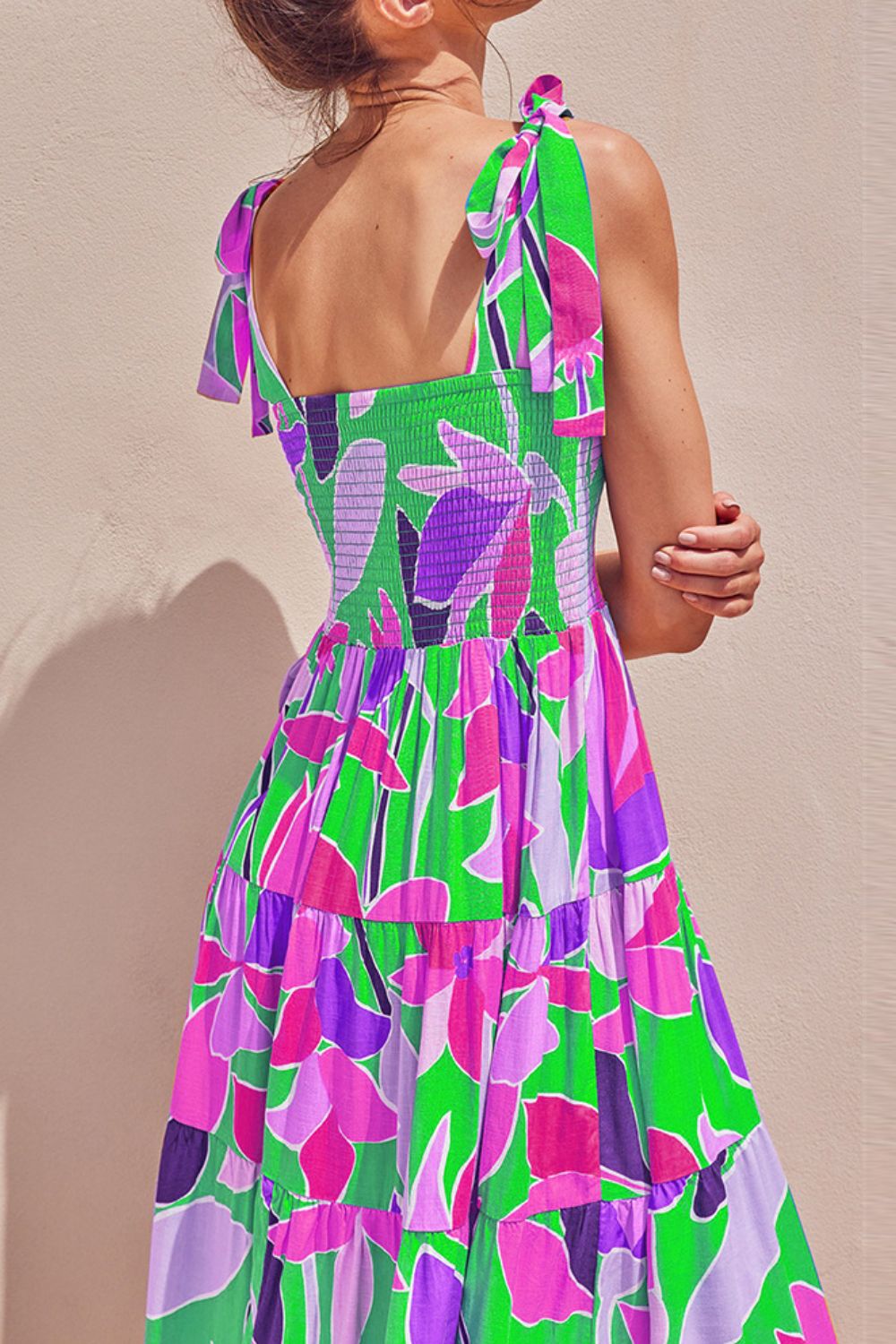 Long Floral Tie-Shoulder Smocked Midi Dress Perfect For Vacation & Summer Days