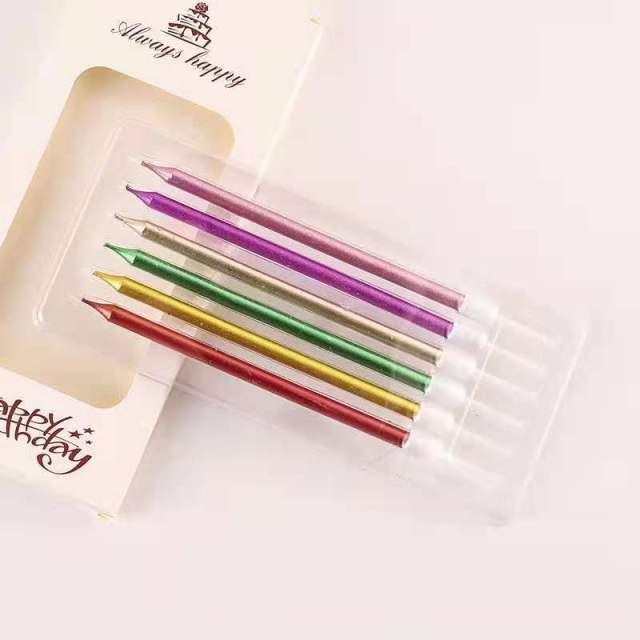 6pcs Metal Chrome Gold Silver Birthday Candles DIY Colorful Cake Decor Long Thin Cake Candles Metallic Birthday Candles in Holders for Party Wedding Birthday Cake Decorations Wedding Baby Shower Supplies Metallic Color Cake Topper