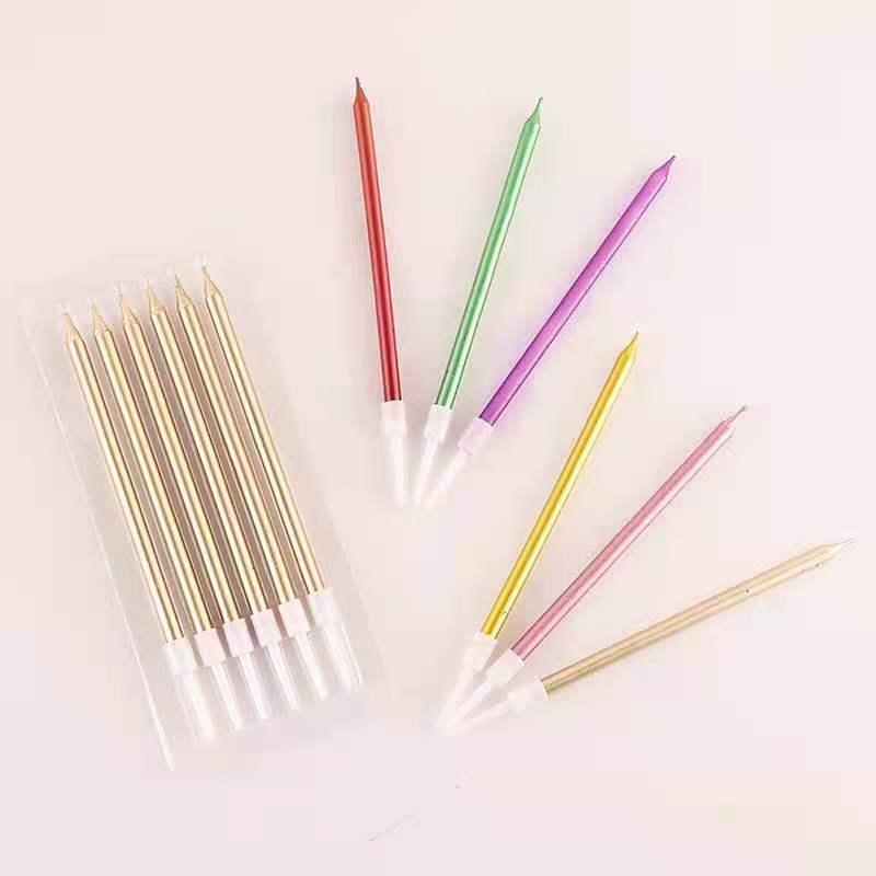 6pcs Metal Chrome Gold Silver Birthday Candles DIY Colorful Cake Decor Long Thin Cake Candles Metallic Birthday Candles in Holders for Party Wedding Birthday Cake Decorations Wedding Baby Shower Supplies Metallic Color Cake Topper