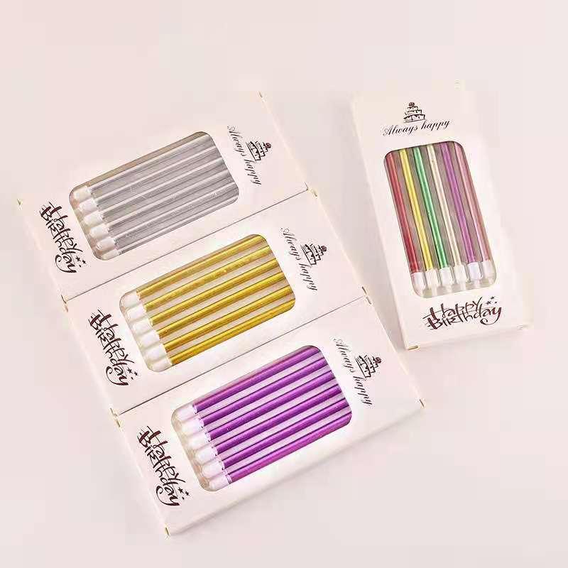 6pcs Metal Chrome Gold Silver Birthday Candles DIY Colorful Cake Decor Long Thin Cake Candles Metallic Birthday Candles in Holders for Party Wedding Birthday Cake Decorations Wedding Baby Shower Supplies Metallic Color Cake Topper