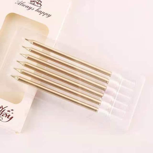 6pcs Metal Chrome Gold Silver Birthday Candles DIY Colorful Cake Decor Long Thin Cake Candles Metallic Birthday Candles in Holders for Party Wedding Birthday Cake Decorations Wedding Baby Shower Supplies Metallic Color Cake Topper