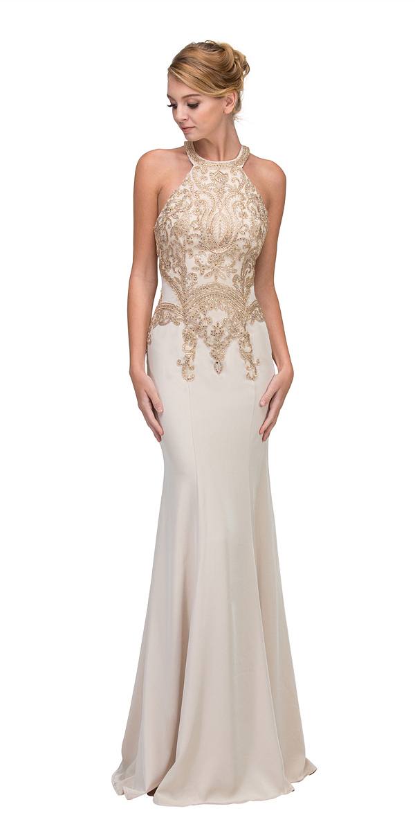 CLEARANCE - Eureka 7033 Embroidered Halter Mermaid Long Dress Racer Back (Size Small)