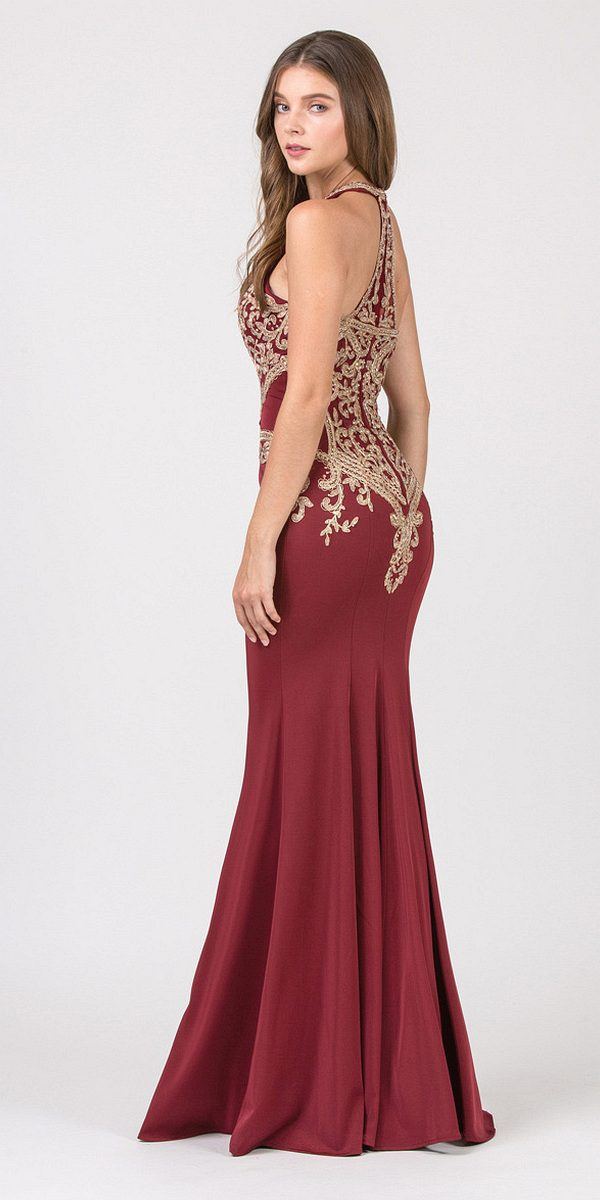 CLEARANCE - Eureka 7033 Embroidered Halter Mermaid Long Dress Racer Back (Size Small)