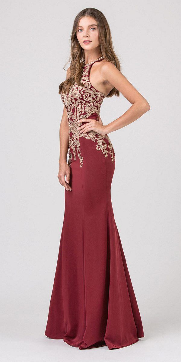 CLEARANCE - Eureka 7033 Embroidered Halter Mermaid Long Dress Racer Back (Size Small)