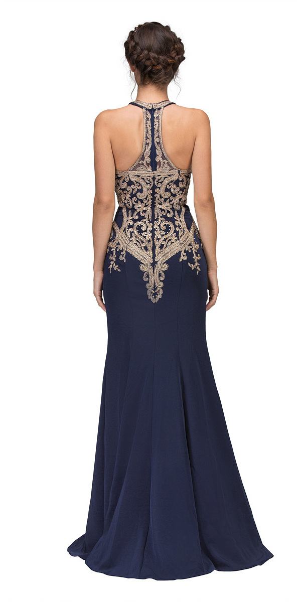 CLEARANCE - Eureka 7033 Embroidered Halter Mermaid Long Dress Racer Back (Size Small)