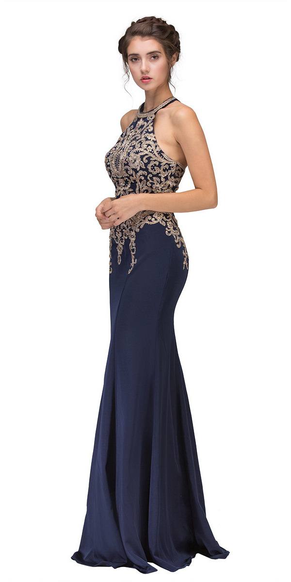 CLEARANCE - Eureka 7033 Embroidered Halter Mermaid Long Dress Racer Back (Size Small)