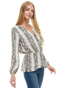 Snake V neck Button Front Peplum Long Sleeve Blouse Top | Femstylo
