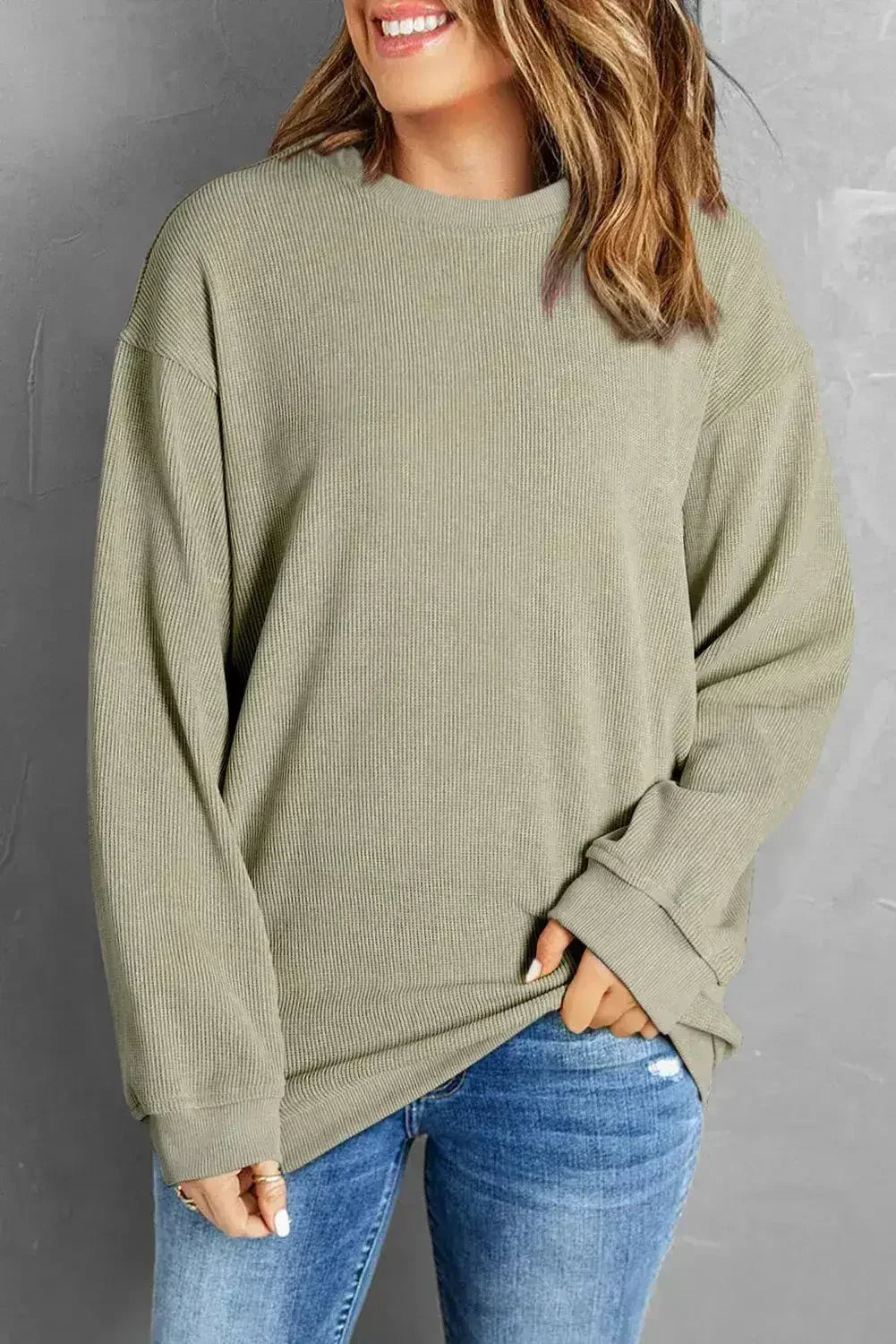 Green Ribbed Knit Sweatshirt - Round Neck Pullover | Femstylo