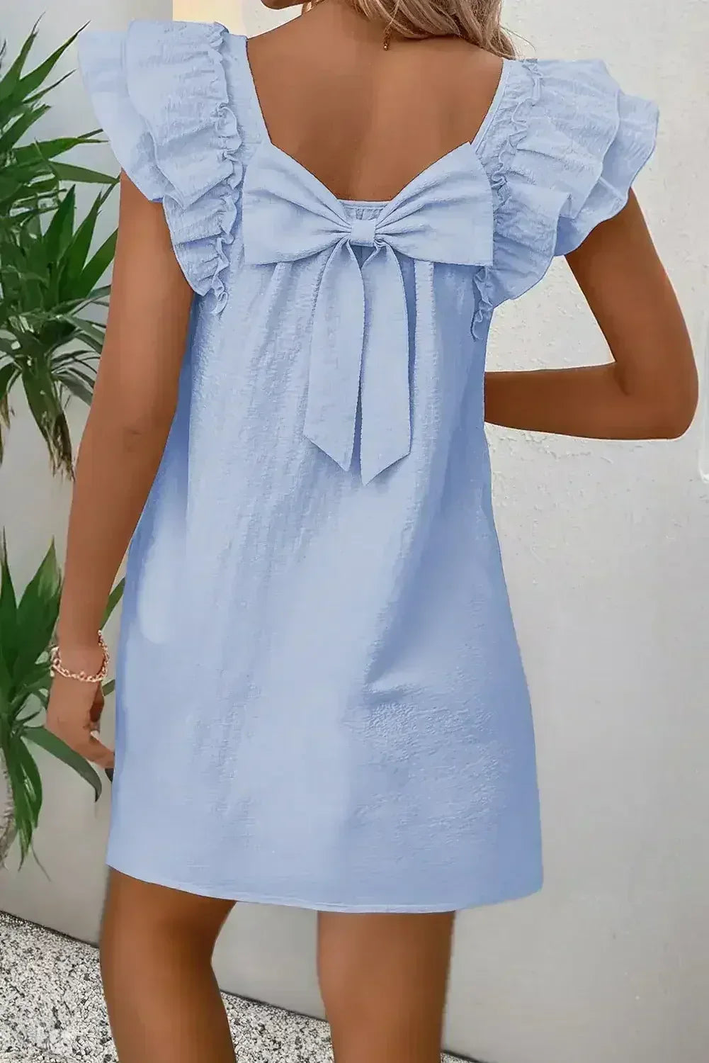 Light Pink Textured Flutter Sleeve Square Neck Bow Back Mini Dress