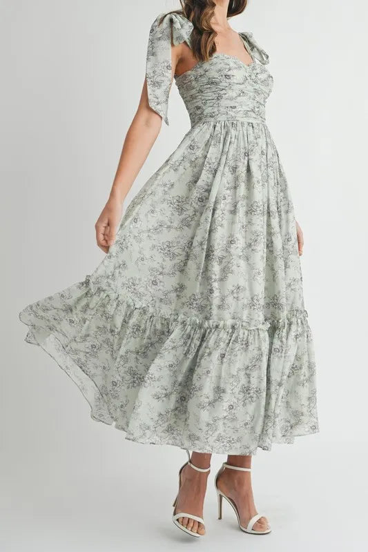 Floral Bust Ruched Midi Dress with Shoulder Tie For Women – Ruched Midi Dress For Summer, Floral Bust Dress, Shoulder Tie Dress, Feminine Midi Dress, Chic Event Dress