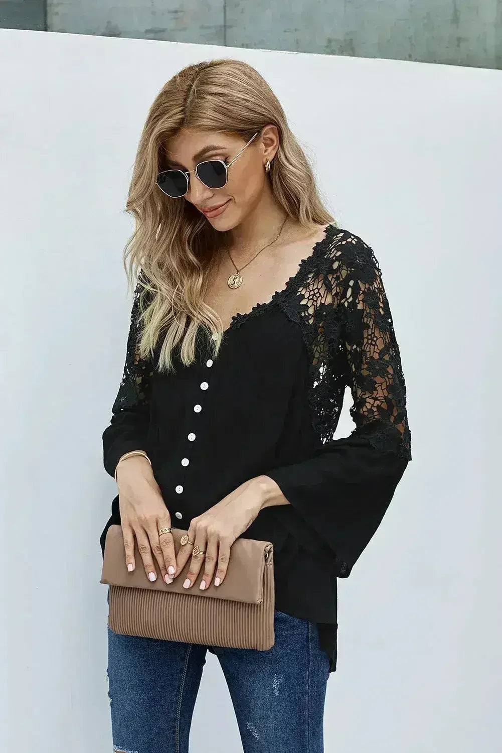 Black Crochet Lace Blouse - ¾ Bell Sleeve Button-Up Top for Women | Femstylo