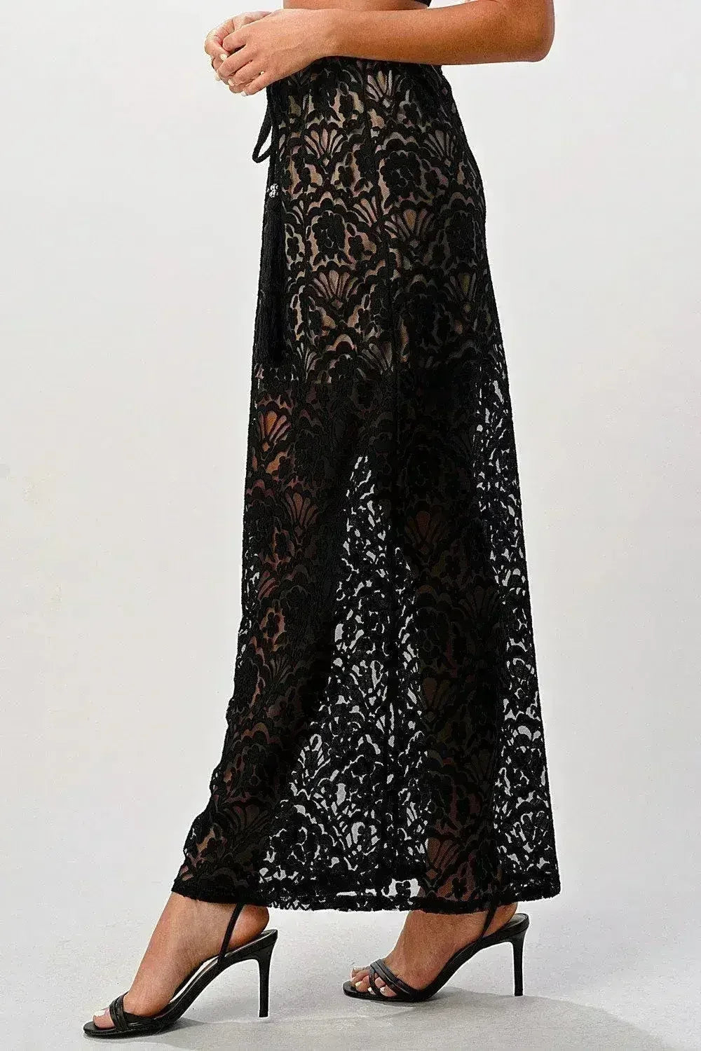 Sheer Lace Maxi Skirt - Drawstring Waist & Bow | Femstylo