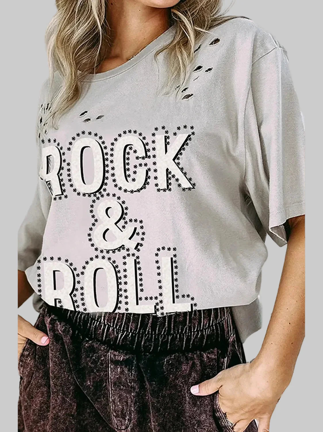 Women ROCK & ROLL Round Neck Dropped Shoulder Short Sleeve T-Shirt