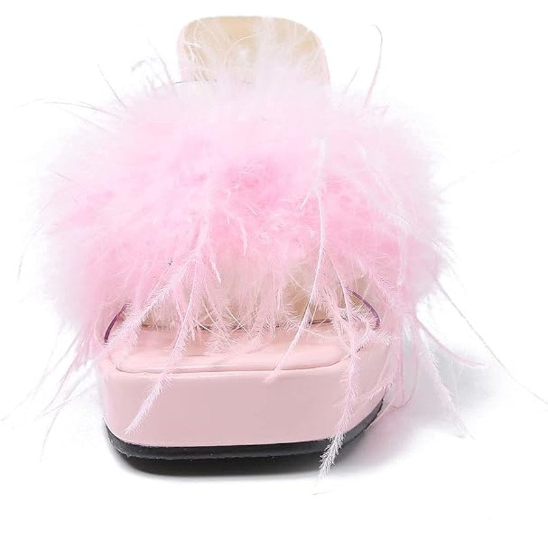 Liuruijia Womens Size 7.5 Clear Strap Pink Feather Square Toe Platform Shoes