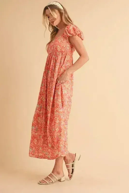 Floral Cutout Back Midi Dress - Square Neck & Puff Sleeves | Femstylo