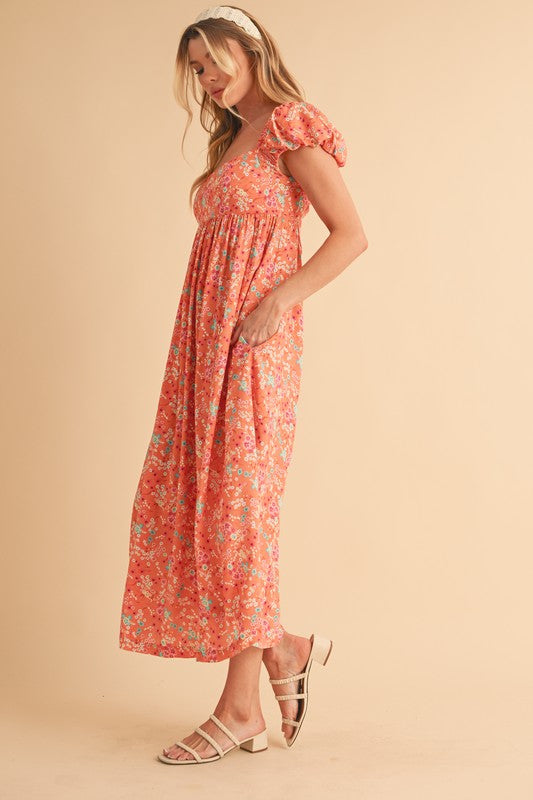 Cutout Back Floral Square Neck Puff Sleeve Midi Summer Dress For Women – Elegant & Feminine with Modern Details, Perfect for Special Occasions