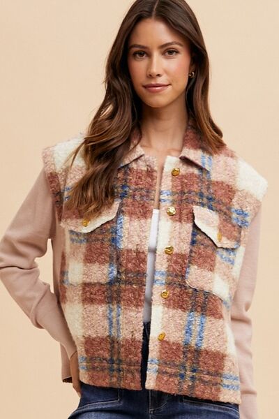 Women Brown Faux Fur Plaid Button-Up Jacket Soft Jacket For Girls Jacket With Closure
