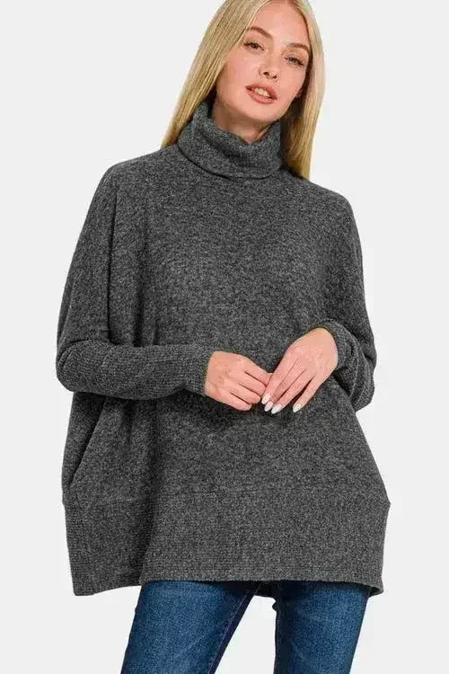 Full Size Brushed Melange Hacci Turtleneck Sweater | Femstylo