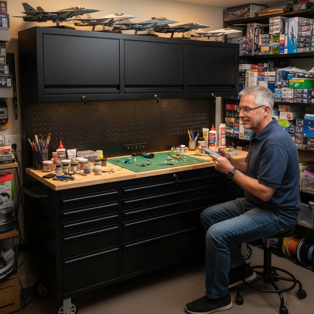 72 inch Rolling Tool Chest with Light & Power Strips, Workbench, Upper Cabinets & Pegboard
