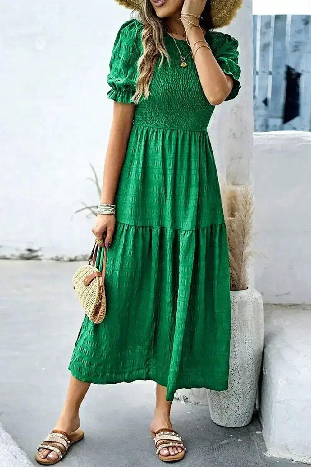 Sail Blue Solid Textured Smocked High Waist Midi Dress