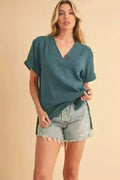 Side Slit V-Neck Blouse - Chic 100% Cotton Top | Femstylo