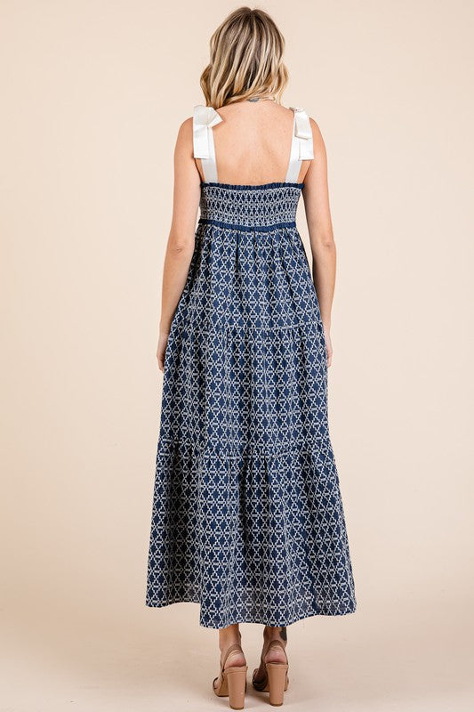 Geometric Embroidered Smocked Tie Shoulder Midi Dress For Women – Fluttering, Trendy and Chic Embroidered Midi Dress with Tie Shoulders