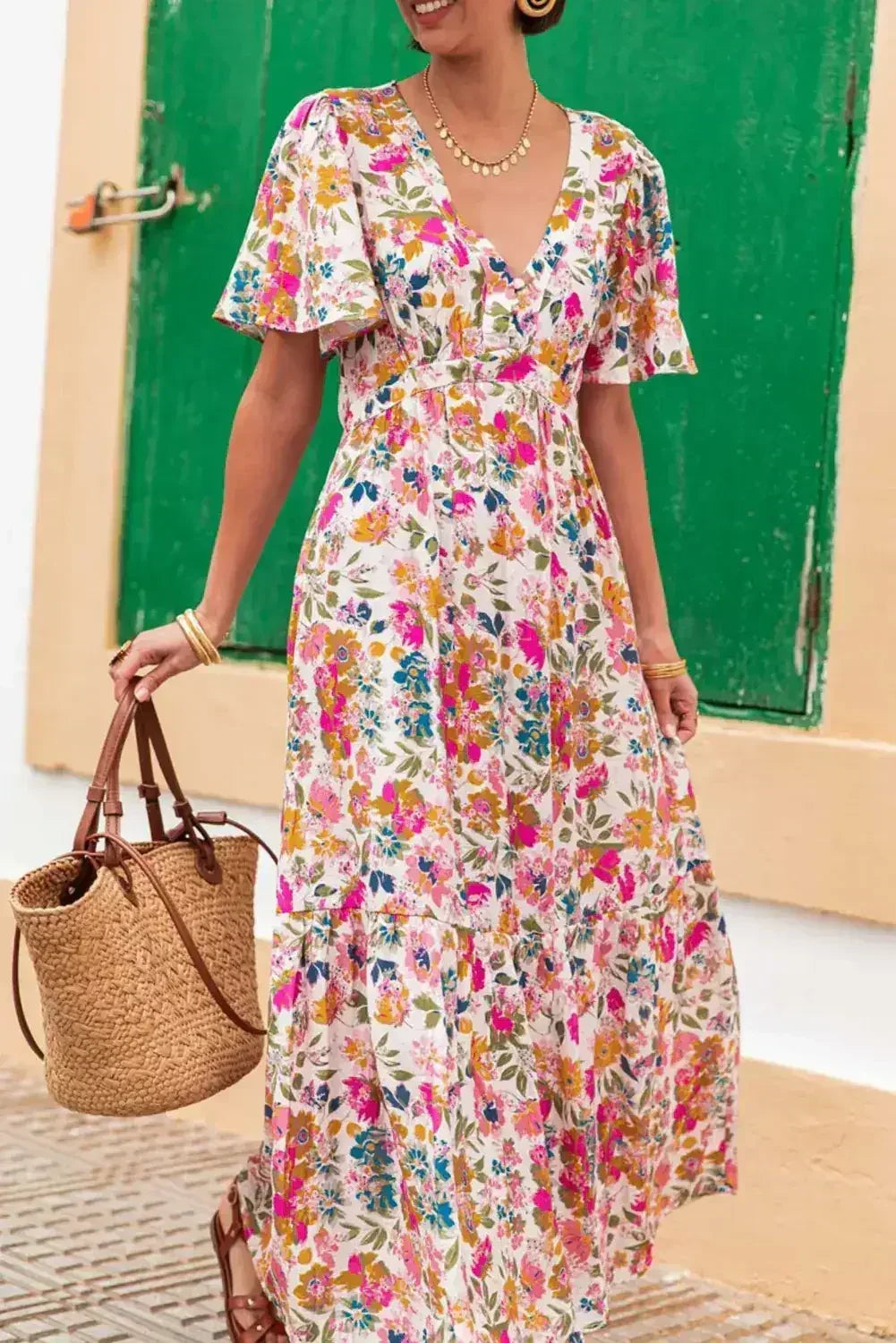 Red Floral Short Sleeve V Neck High Waist Maxi Dress