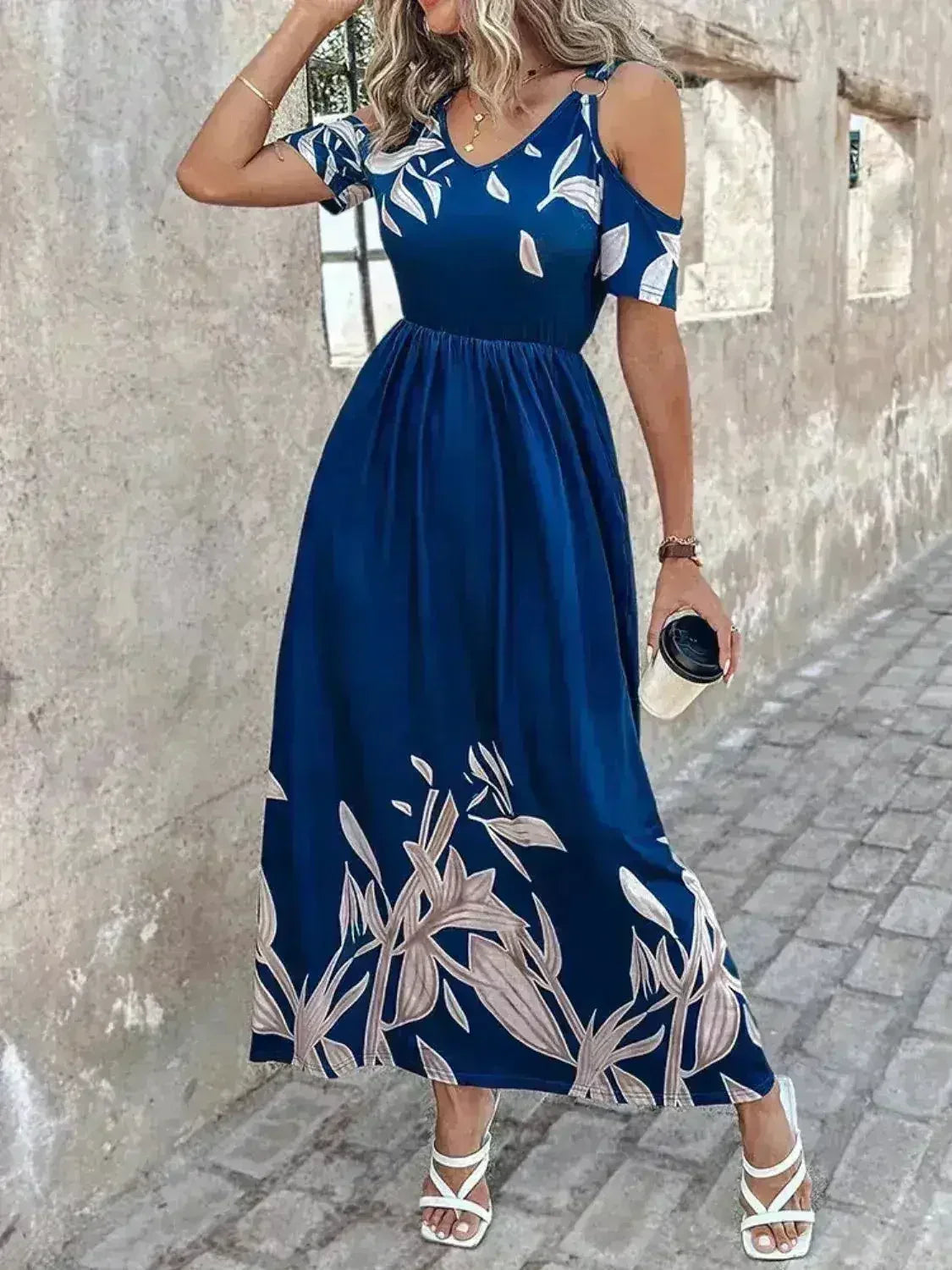 Printed Cold Shoulder Maxi Dress - Stylish Polyester Dress | Femstylo