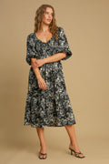 Ruffle Hem Flower Printed V-Neck Dress – Floral Print Dress, Ruffle Hem V-Neck Dress, Feminine Floral Dress, Elegant V-Neck Dress, Flirty Ruffle Hem Dress