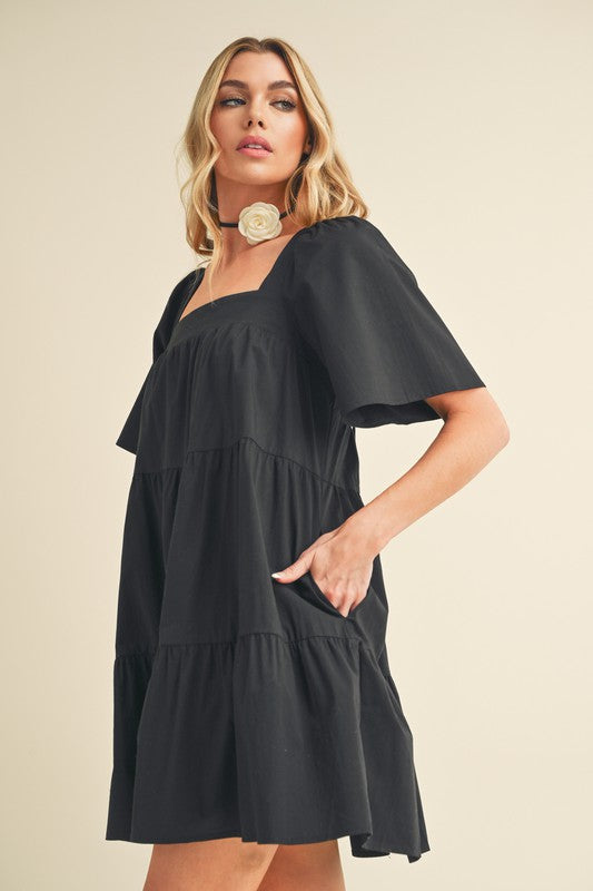 Square Neck Half Sleeve Tiered Summer Dress For Women–Elegant & Flattering with Ruched Detail & Chic Tiered Design