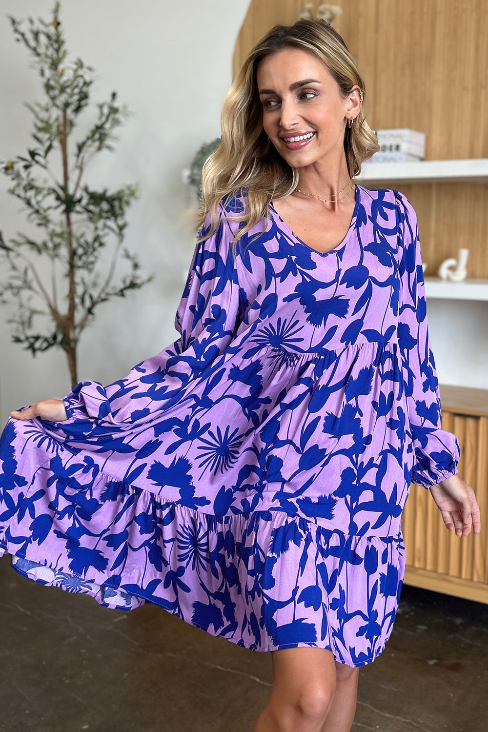 Double Take Full Size Printed Ruffle Hem Dress with Pocket Stylish & Functional Women Dress