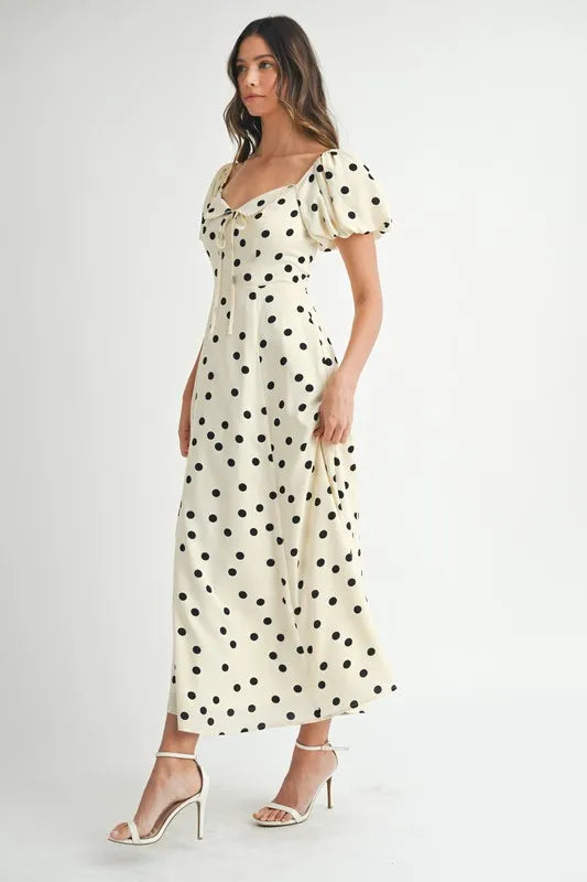 Polka Dot Puff Sleeve Midi Dress For Women – Vintage Fluttering Polka Dot Dress, Feminine Puff Sleeve Dress, Retro Midi Dress, Classic Chic Dress