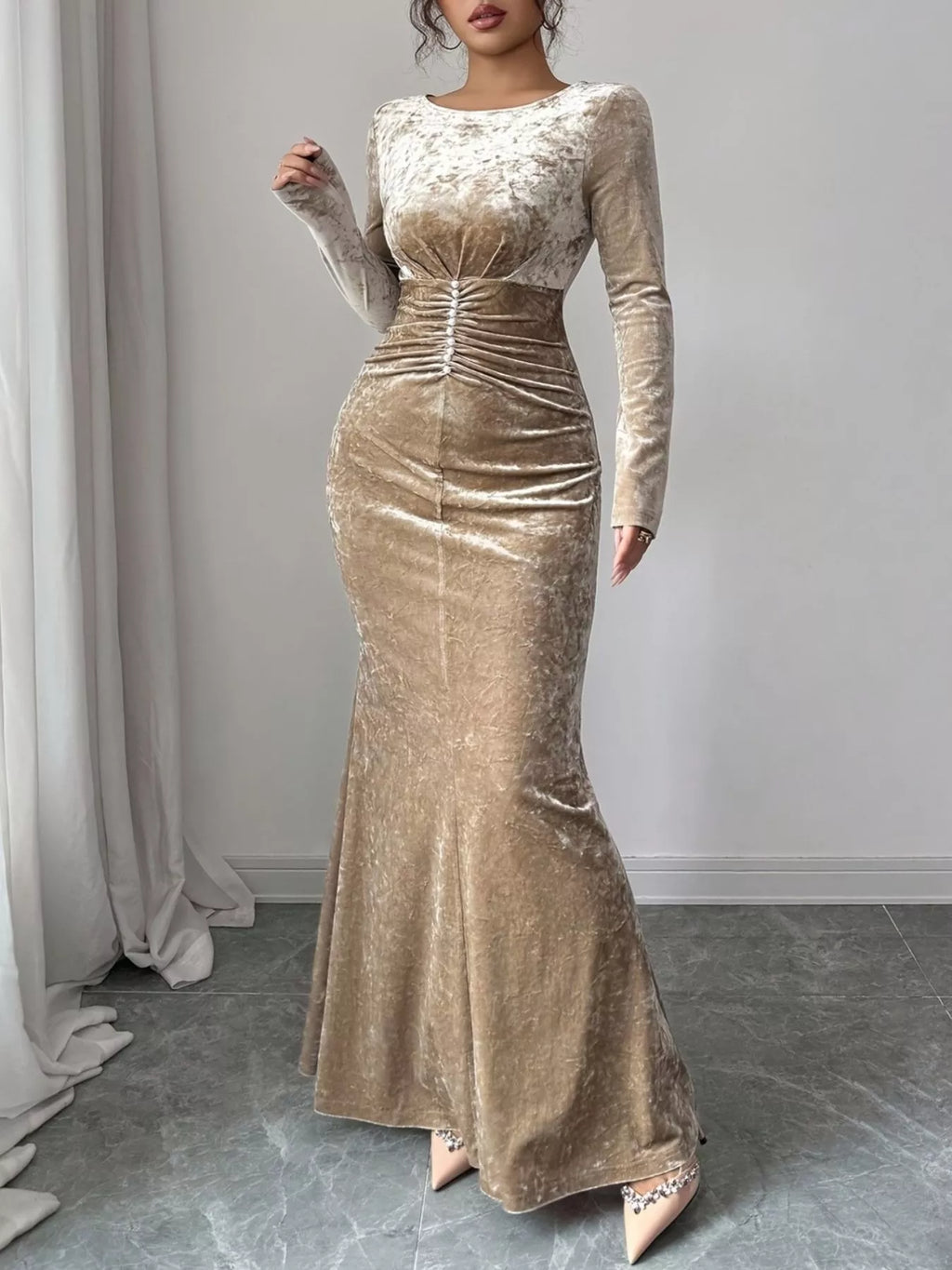 Velvet Ruched Bodycon Maxi Dress