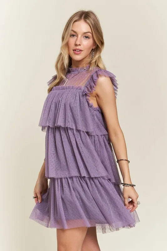 Layered Ruffled Cap Sleeve Mesh Dress For Women – Romantic Mesh Dress with Lace & Ruffled Layers for Elegant Parties & Special Events