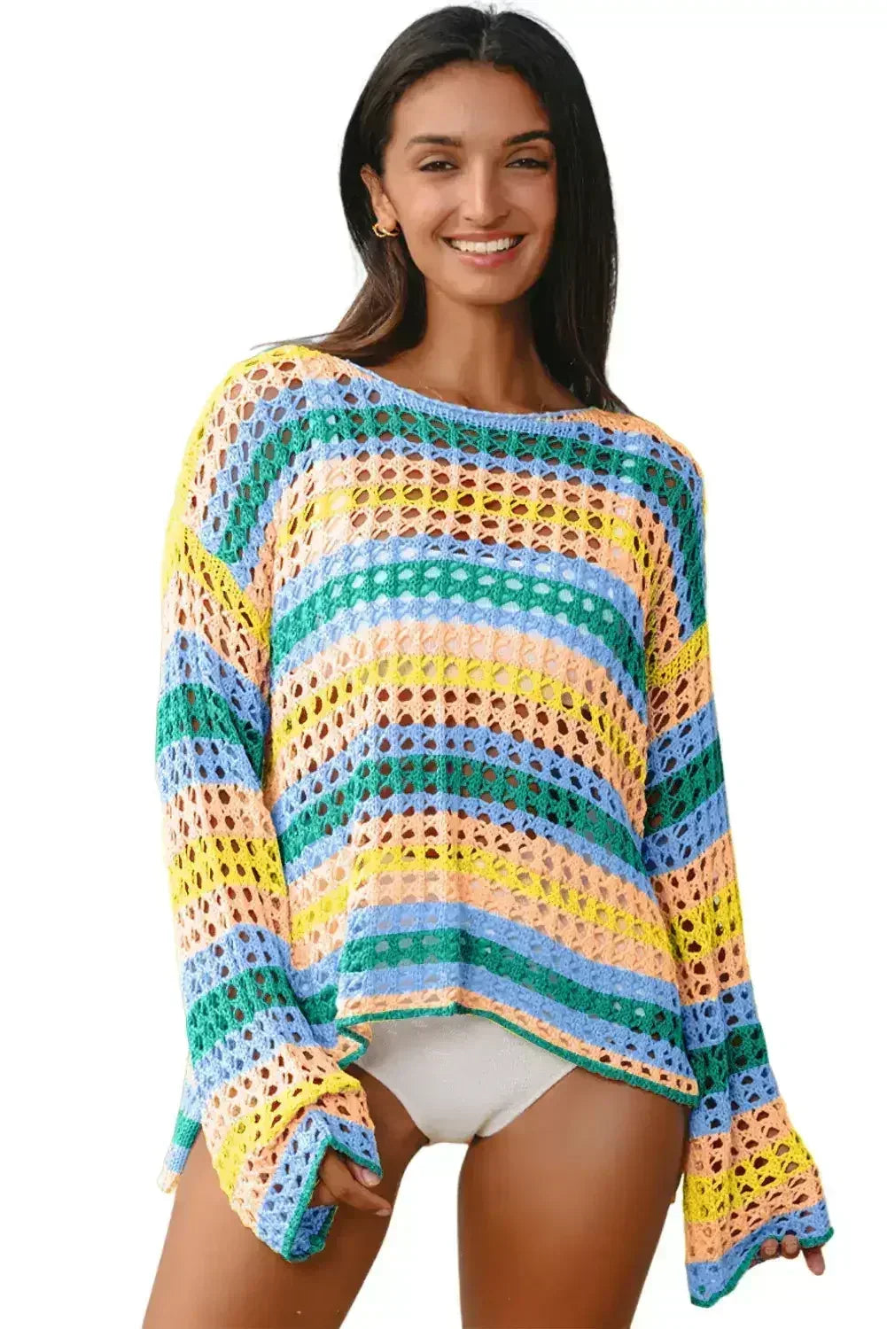 Purple Striped Hollow Knit Summer Beach Cover Up