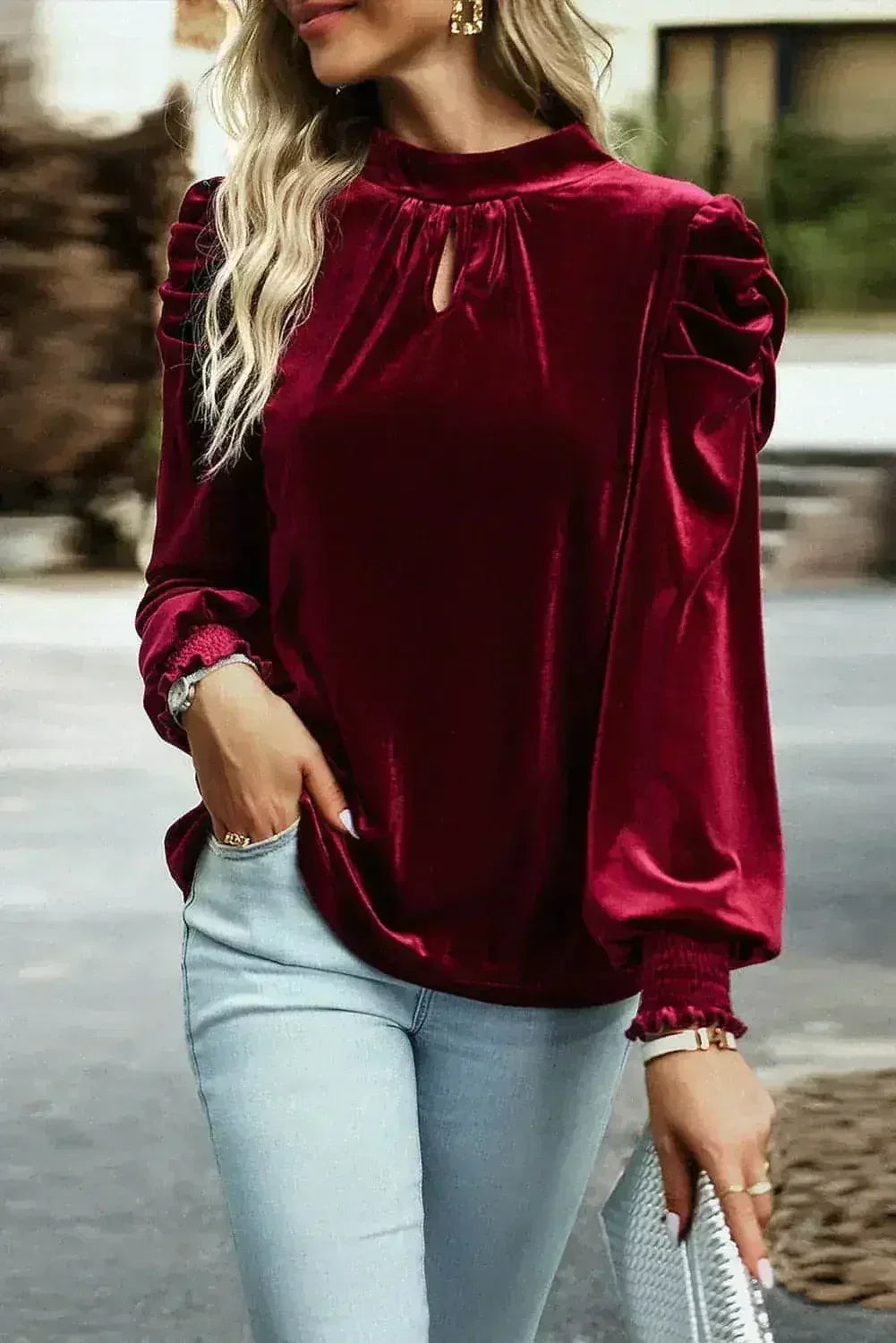 Fiery Red Velvet Blouse - Mock Neck & Puff Sleeves | Femstylo