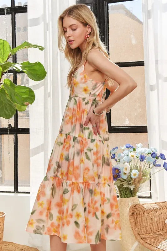Smocked Back Floral Adjustable Strap Midi Dress  For Women – Feminine, Floral, Fluttering, Comfortable Midi Dress
