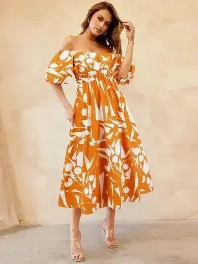 Printed Off-Shoulder Balloon Sleeve Dress