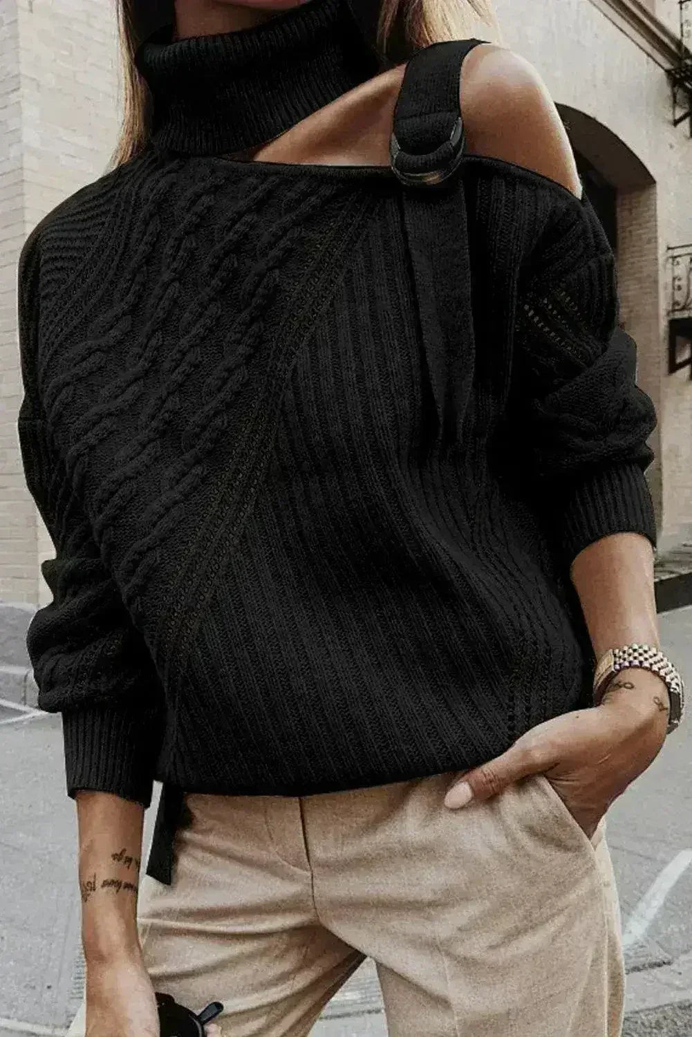 Winter Black Strapped Cut out Shoulder Turtleneck Sweater