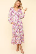 Lilac Full Size Floral V-Neck Long Sleeve Dress With Side Pockets Elegant & Practical Dress